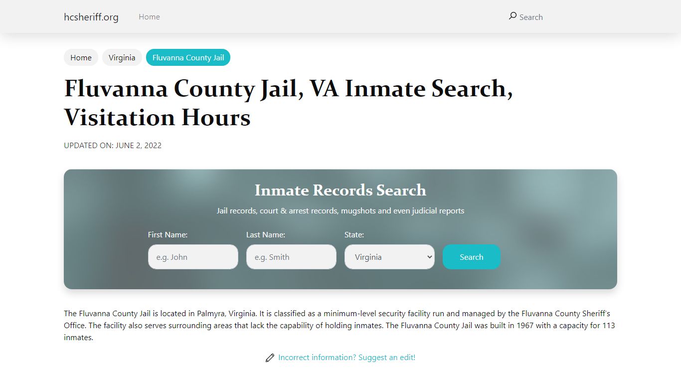 Fluvanna County Jail , VA Inmate Search, Visitation Hours